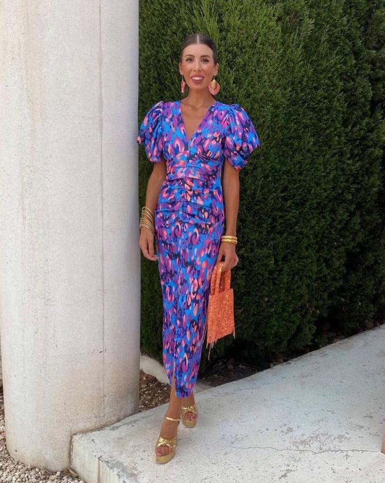 Haydée™ | Vestido Midi Vibrante con Mangas Abullonadas