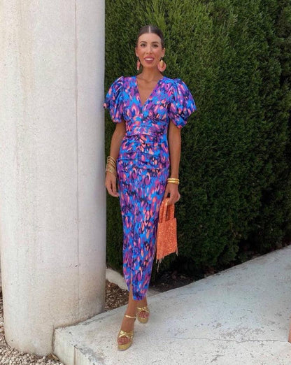 Haydée™ | Vestido Midi Vibrante con Mangas Abullonadas