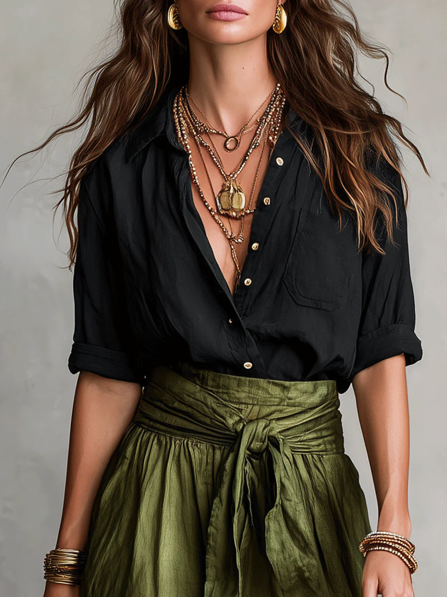 Estefanía™ | Set de Dos Piezas: Camiseta Negra y Falda Midi Verde Oliva