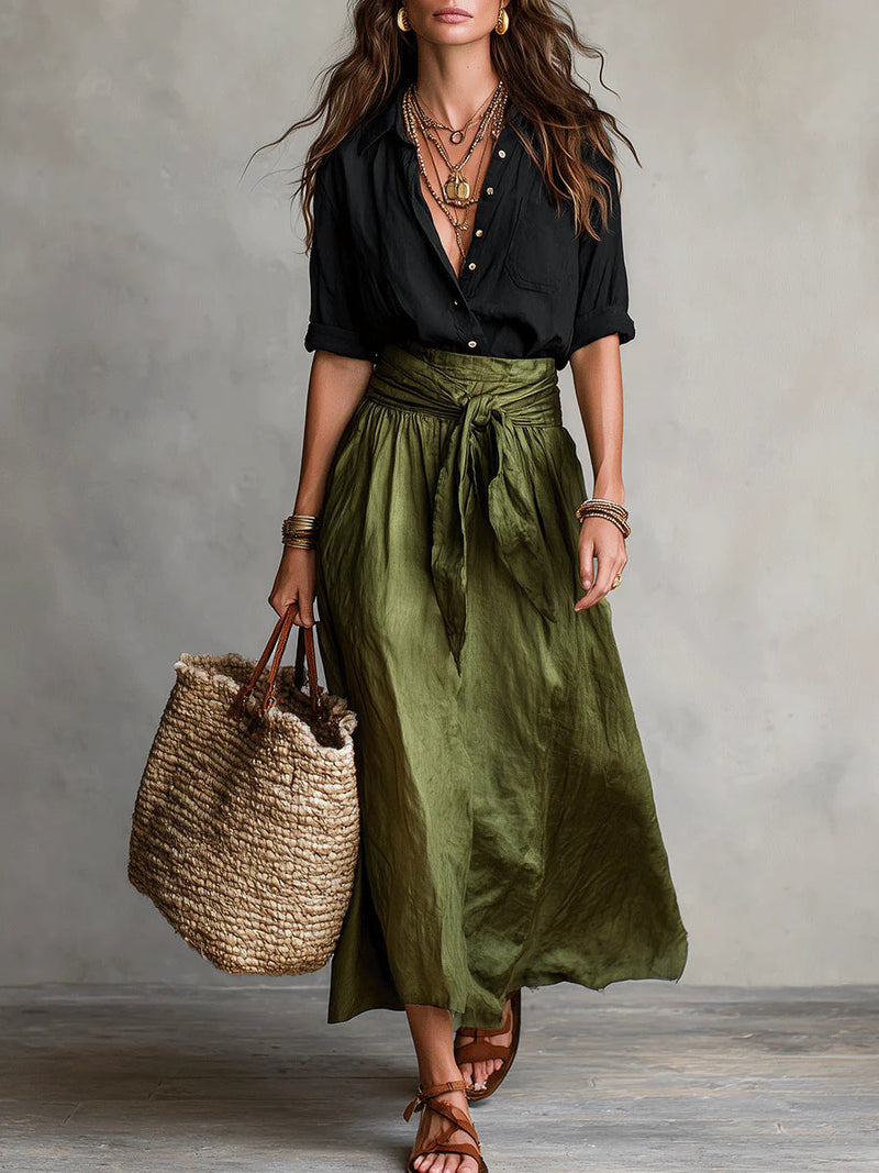 Estefanía™ | Set de Dos Piezas: Camiseta Negra y Falda Midi Verde Oliva