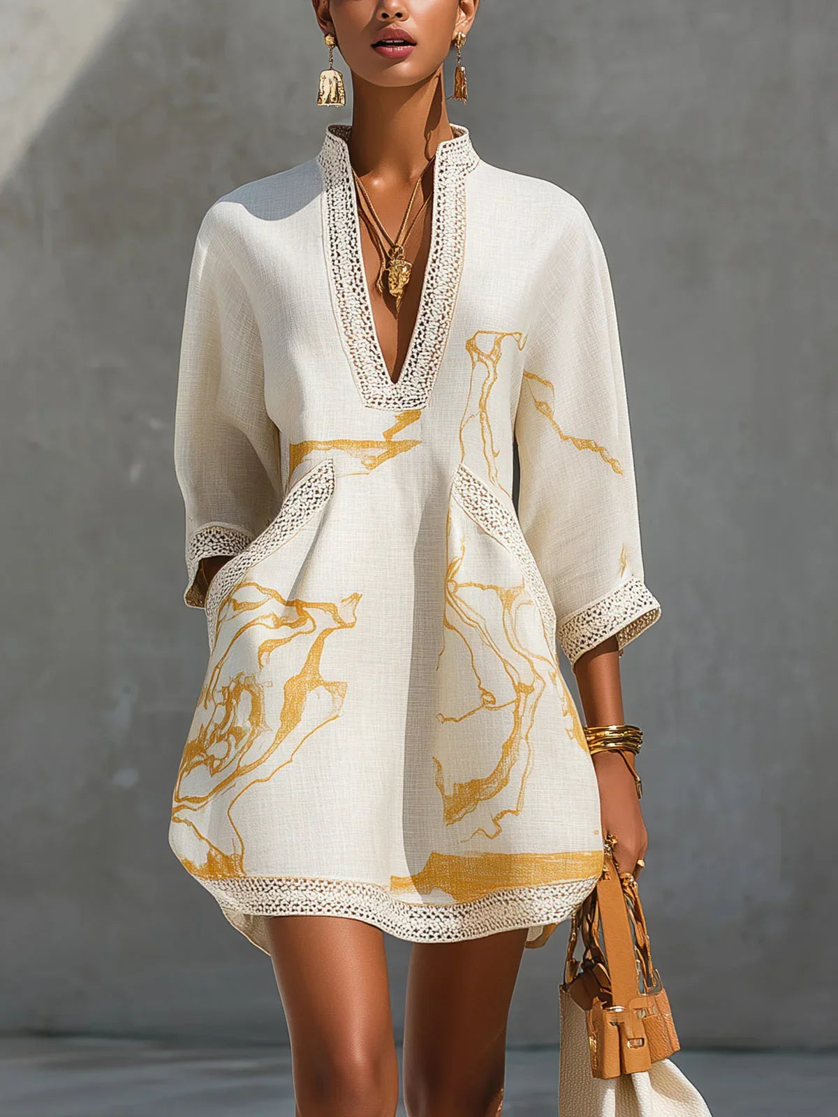 Donatella™ │ Mini Dress with Gold Marble Print and Crochet Lace