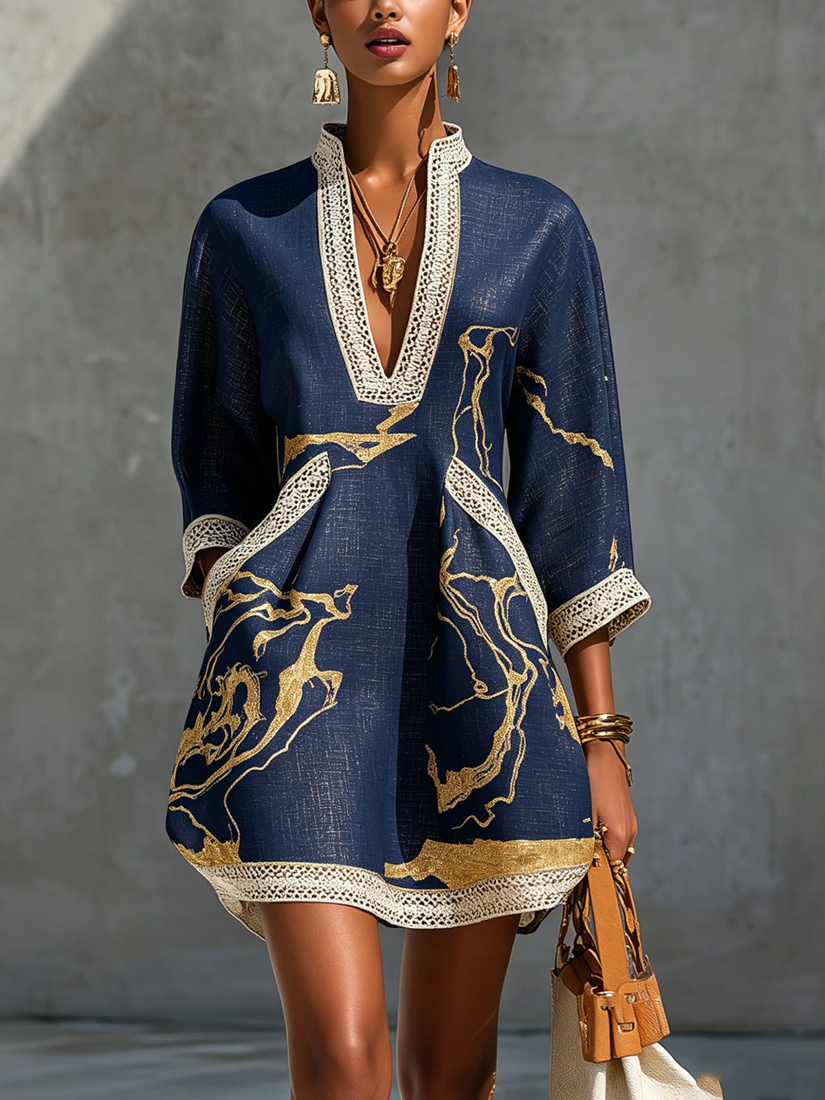 Donatella™ │ Mini Dress with Gold Marble Print and Crochet Lace
