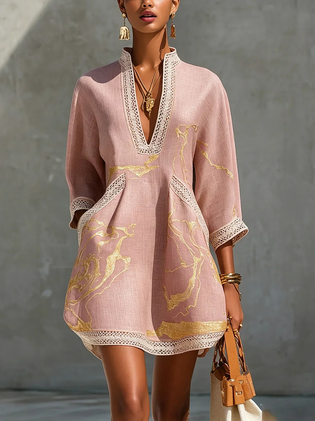 Donatella™ │ Mini Dress with Gold Marble Print and Crochet Lace