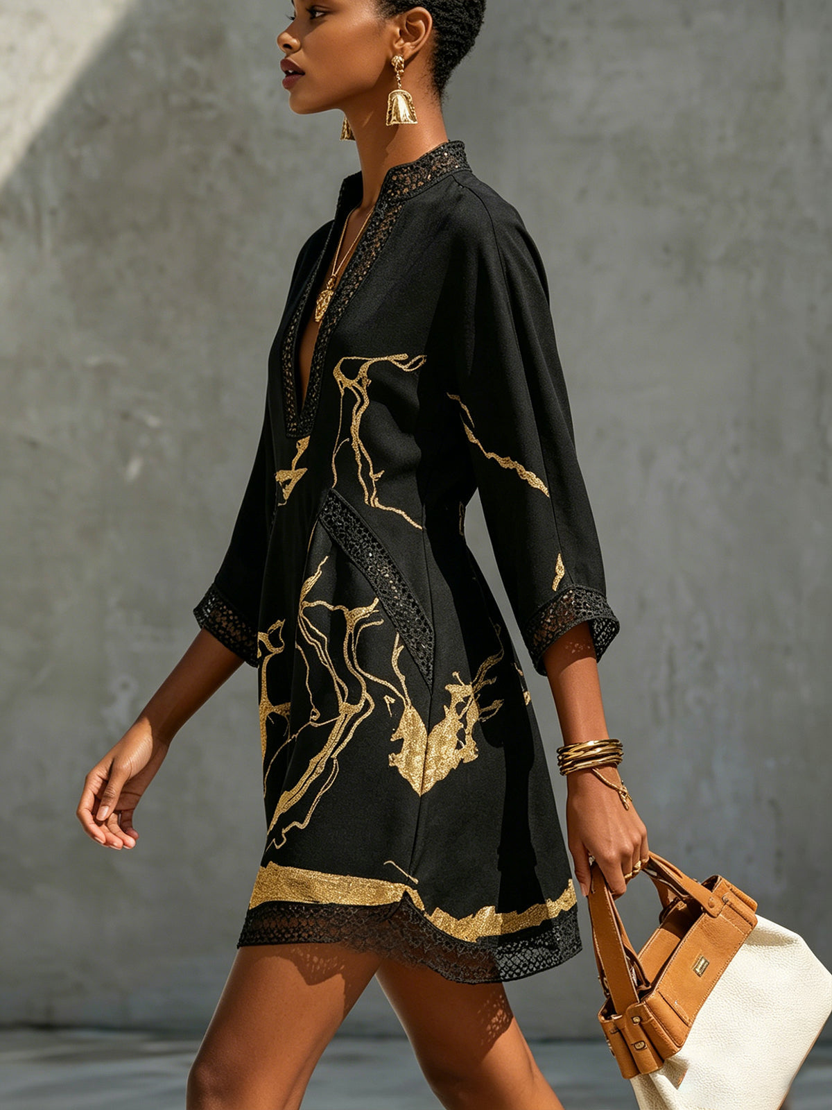 Donatella™ │ Mini Dress with Gold Marble Print and Crochet Lace