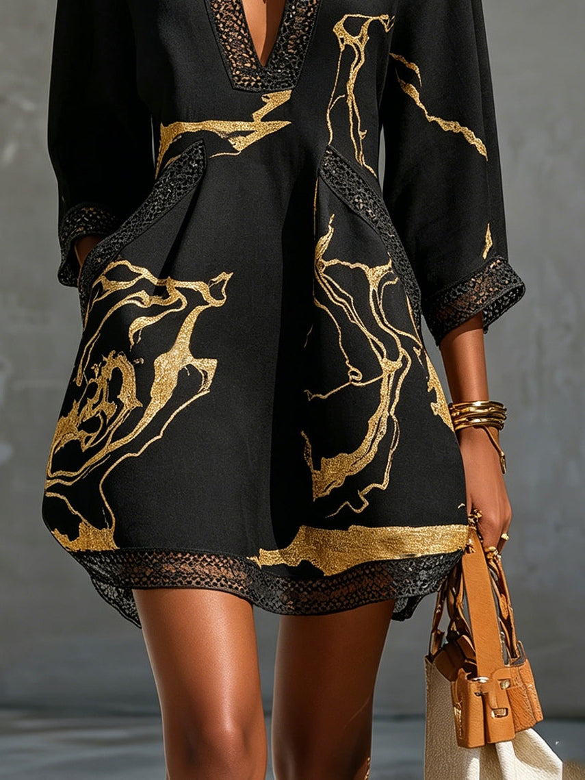 Donatella™ │ Mini Dress with Gold Marble Print and Crochet Lace
