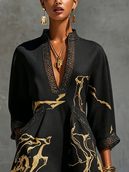 Donatella™ │ Mini Dress with Gold Marble Print and Crochet Lace