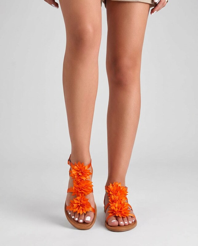 Cécile™ | Sandalias tongs satén naranja flor