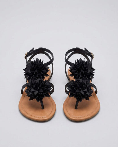Clémence™ | Sandalias tongs satén negro flor