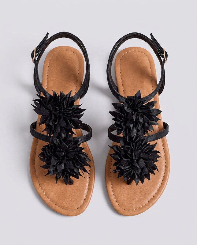 Clémence™ | Sandalias tongs satén negro flor