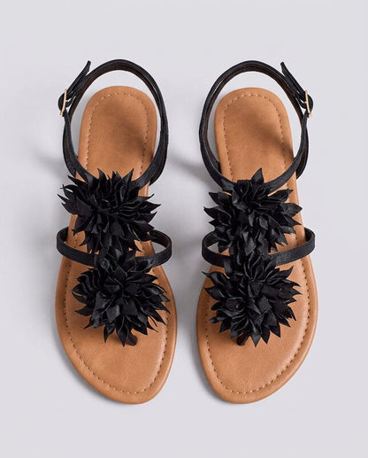 Clémence™ | Sandalias tongs satén negro flor