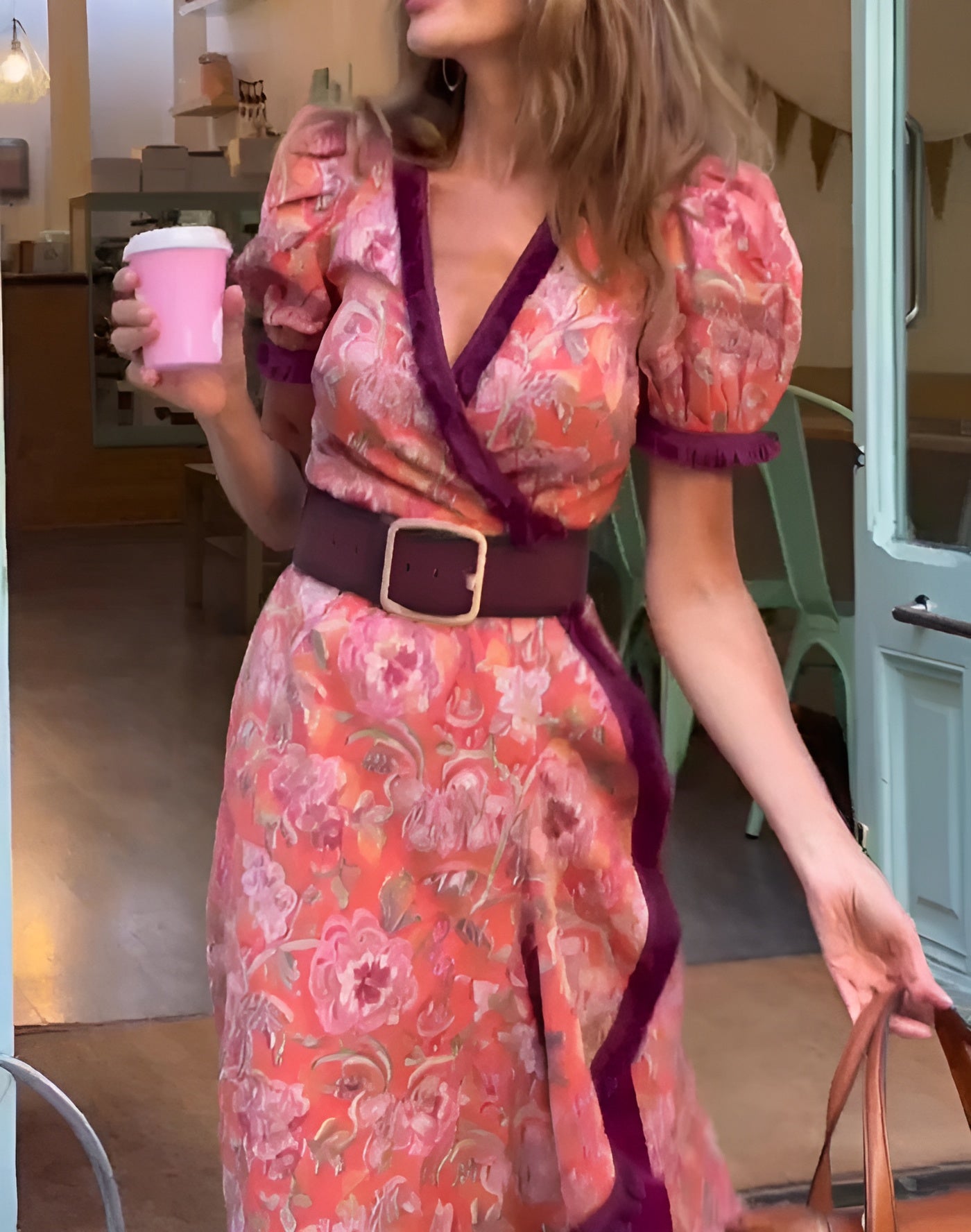 Maureen™ | Vestido maxi rosa manga corta