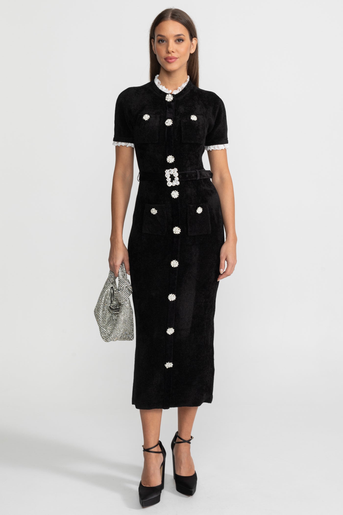 Madeleine™ | Vestido midi botones cristal encaje negro