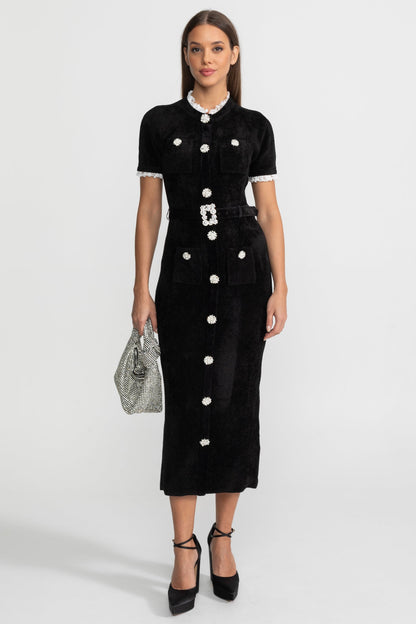 Madeleine™ | Vestido midi botones cristal encaje negro