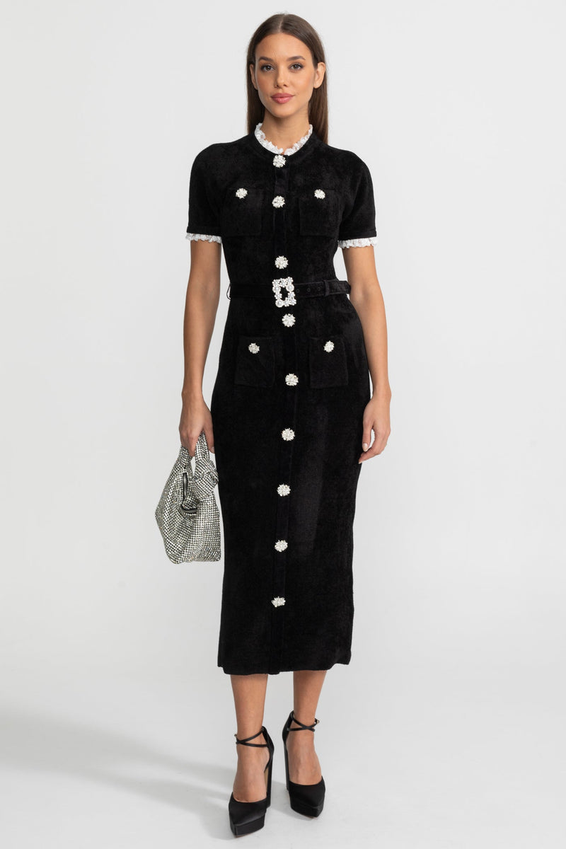 Madeleine™ | Vestido midi elegante con botones de cristal y acabados de encaje – negro