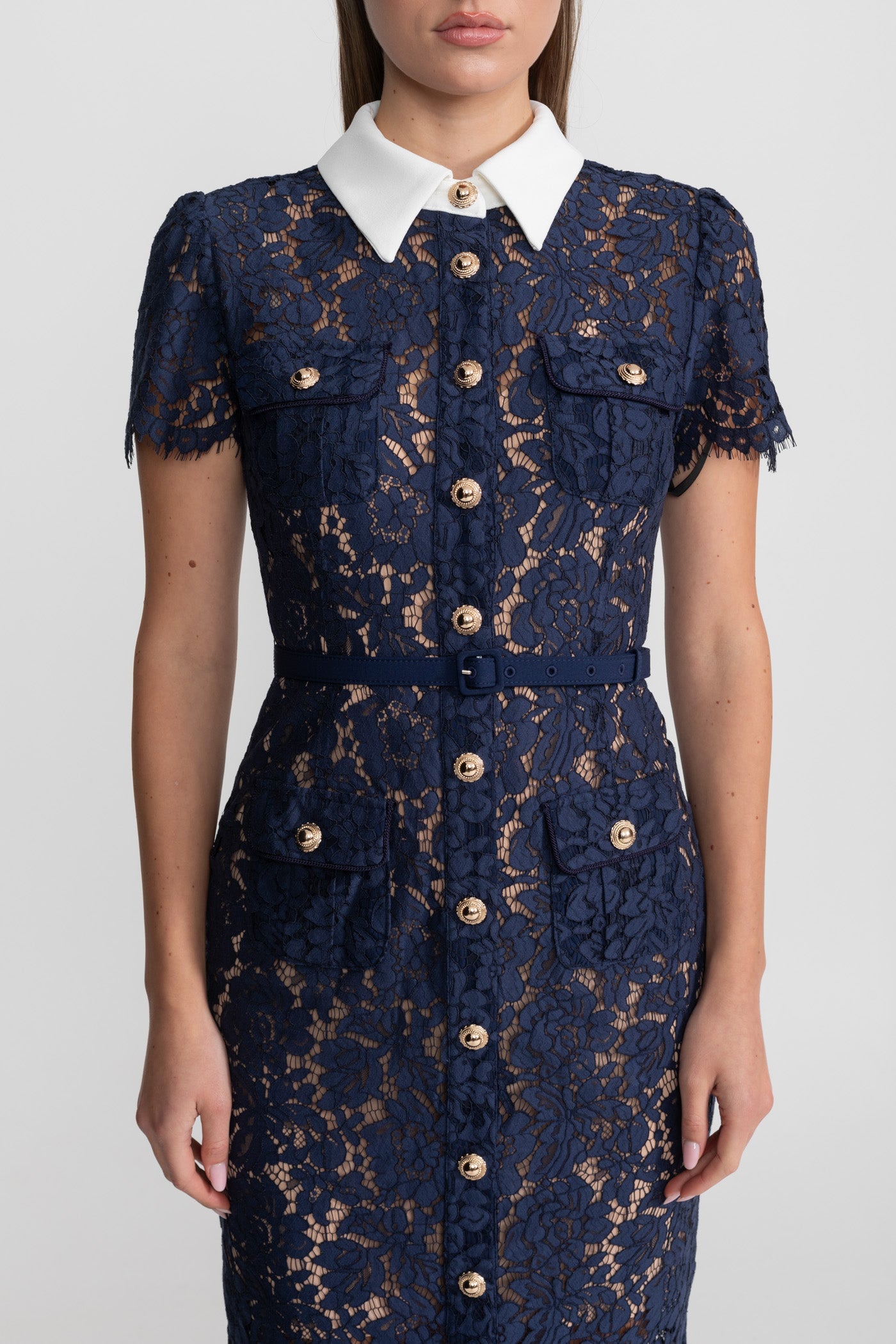 Geneviève™ | Vestido midi encaje floral azul marino