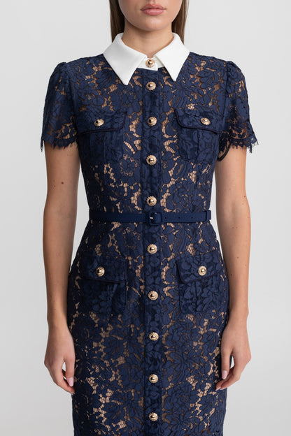 Geneviève™ | Vestido midi encaje floral azul marino