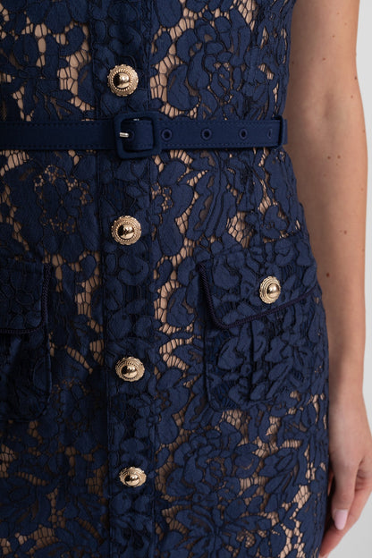 Geneviève™ | Vestido midi encaje floral azul marino