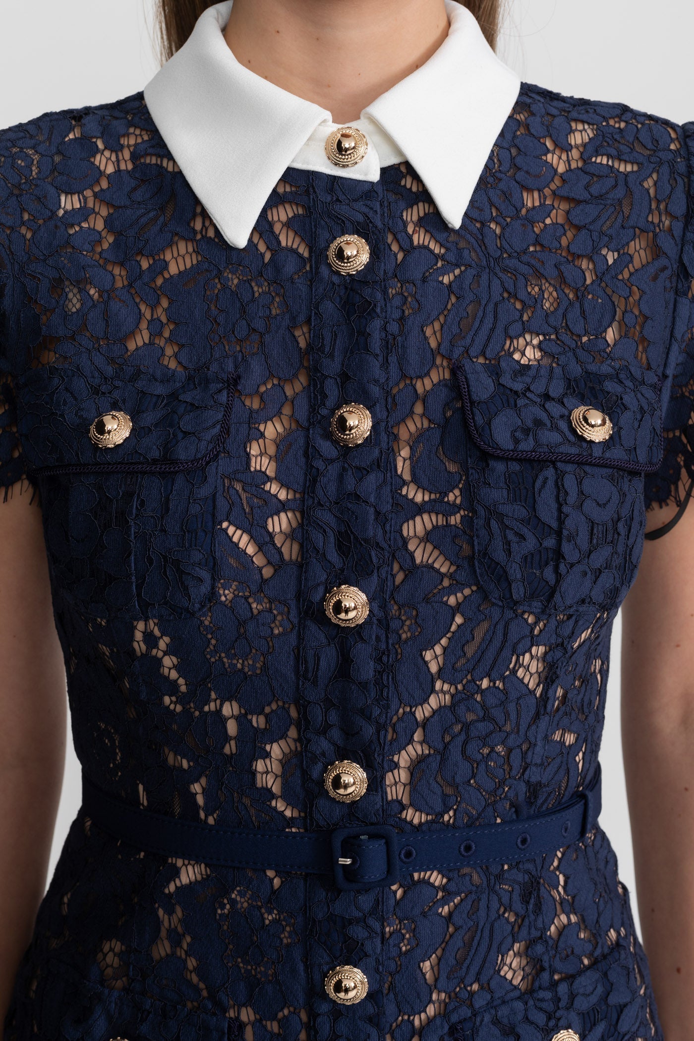 Geneviève™ | Vestido midi encaje floral azul marino