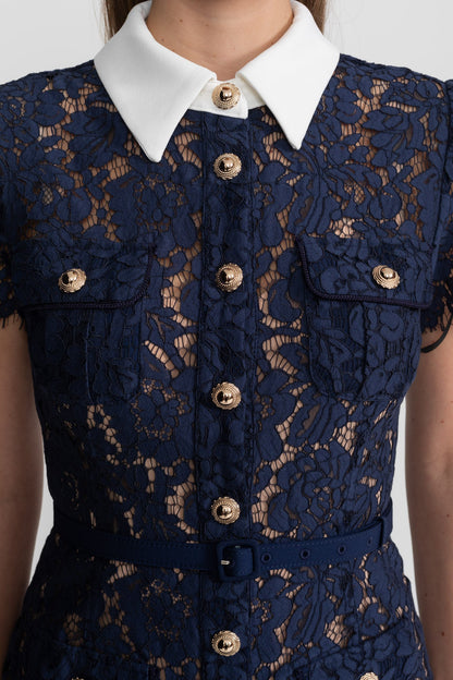 Geneviève™ | Vestido midi encaje floral azul marino