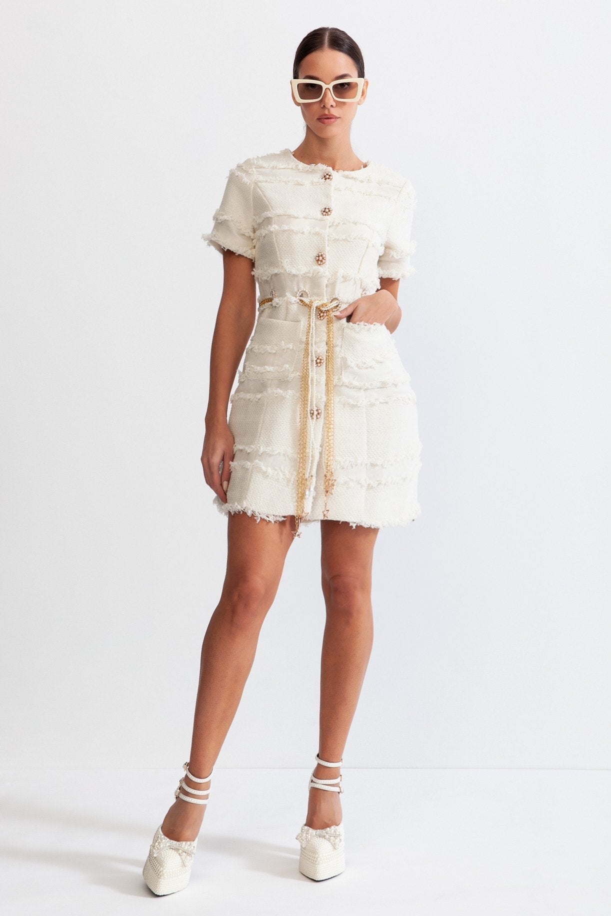 Aurore™ | Vestido tweed perlas beige