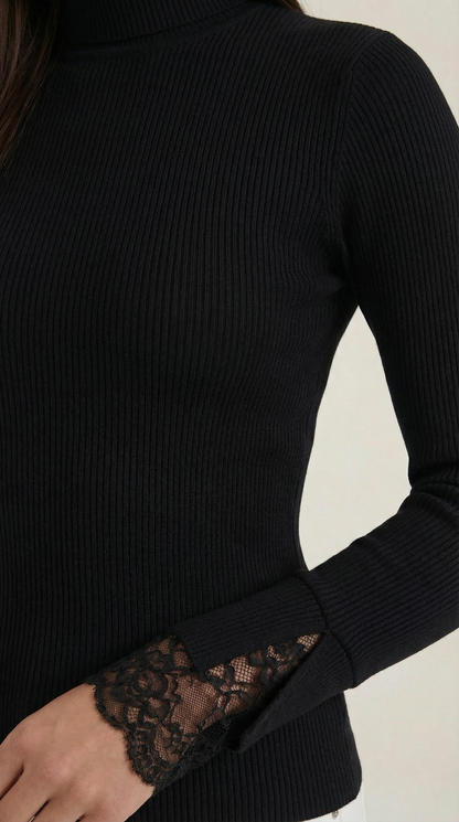 Fenna Janeth™ | Suéter de cuello alto con puños de encaje texturizado