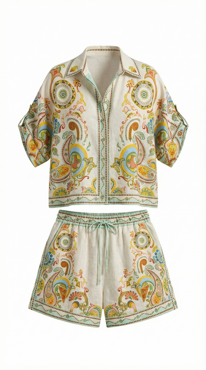 María Loida™ | Conjunto boho 'Brenda': Camiseta y pantalones cortos estampados