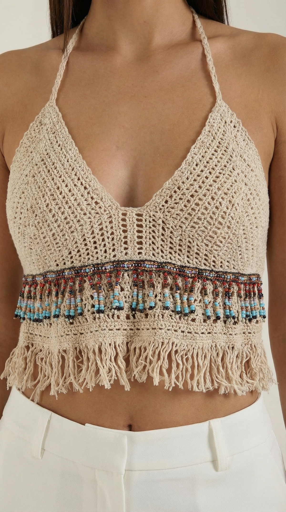 Sara Ofelia™ | Elegante Halter de Ganchillo Celeste con Flecos