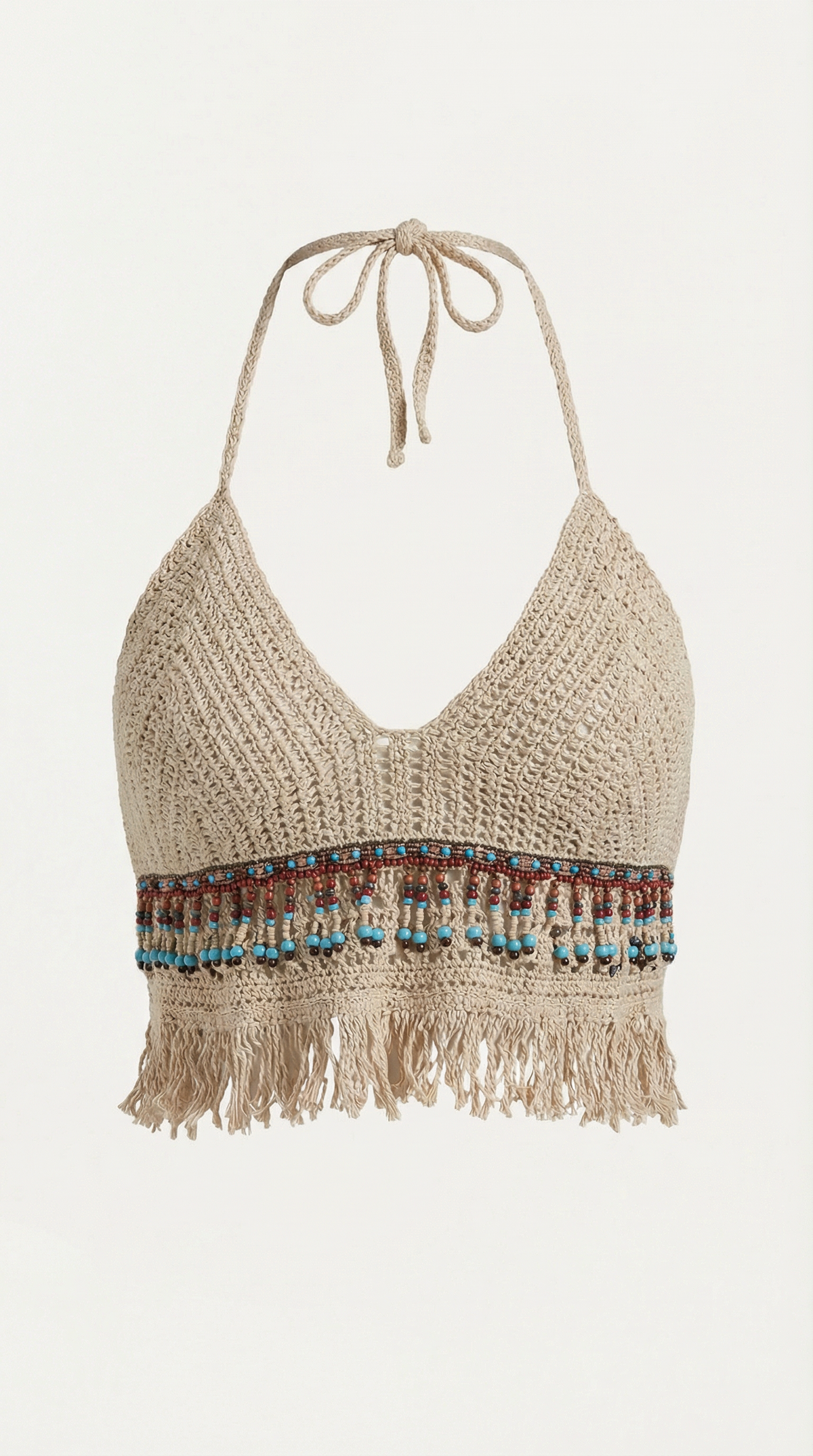 Sara Ofelia™ | Elegante Halter de Ganchillo Celeste con Flecos
