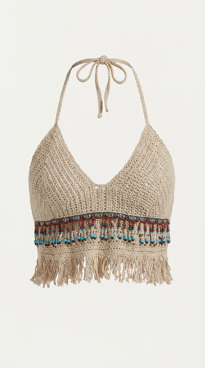 Sara Ofelia™ | Elegante Halter de Ganchillo Celeste con Flecos