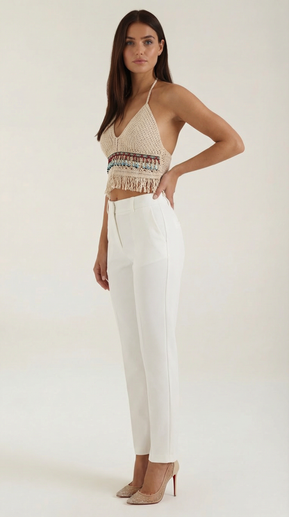 Sara Ofelia™ | Elegante Halter de Ganchillo Celeste con Flecos