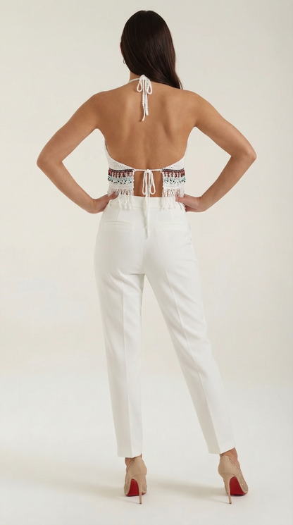 Sara Ofelia™ | Elegante Halter de Ganchillo Celeste con Flecos