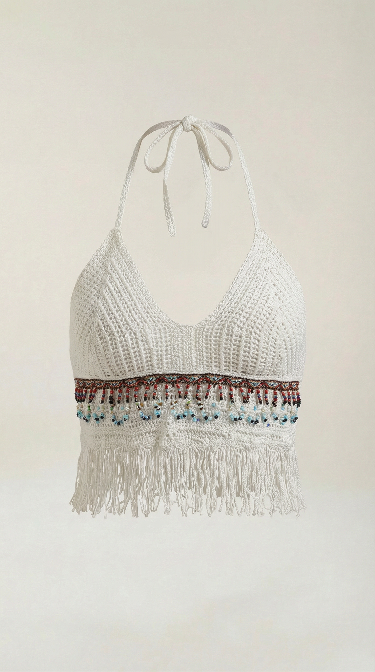 Sara Ofelia™ | Elegante Halter de Ganchillo Celeste con Flecos