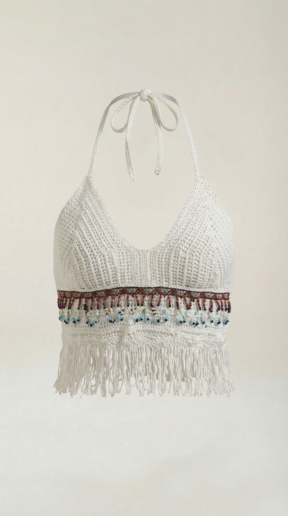 Sara Ofelia™ | Elegante Halter de Ganchillo Celeste con Flecos