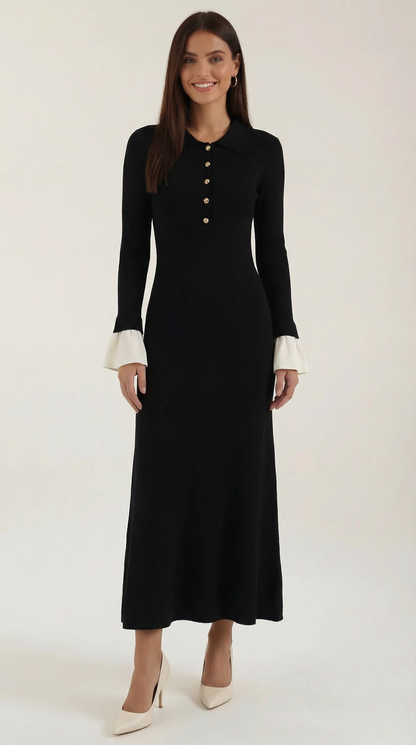 Rosa Nazaret™ | Vestido Maxi de Punto Charlotte con Mangas de Contraste