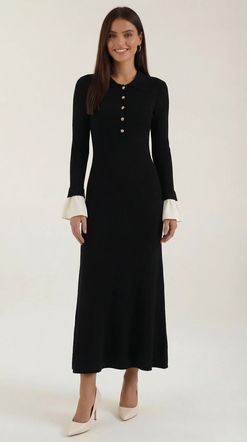 Rosa Nazaret™ | Vestido Maxi de Punto Charlotte con Mangas de Contraste
