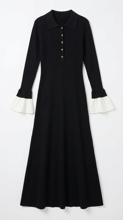 Rosa Nazaret™ | Vestido Maxi de Punto Charlotte con Mangas de Contraste
