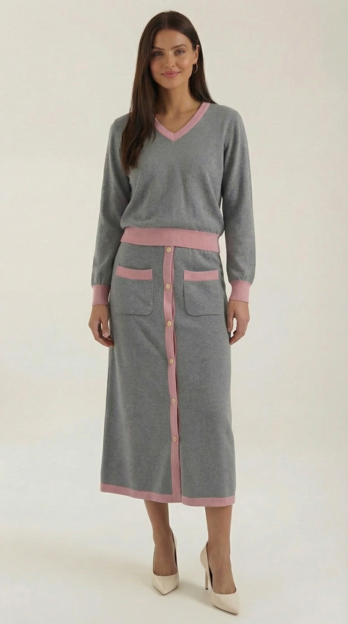 María Gisela™ | Conjunto de suéter V y falda midi 'Cheryl'
