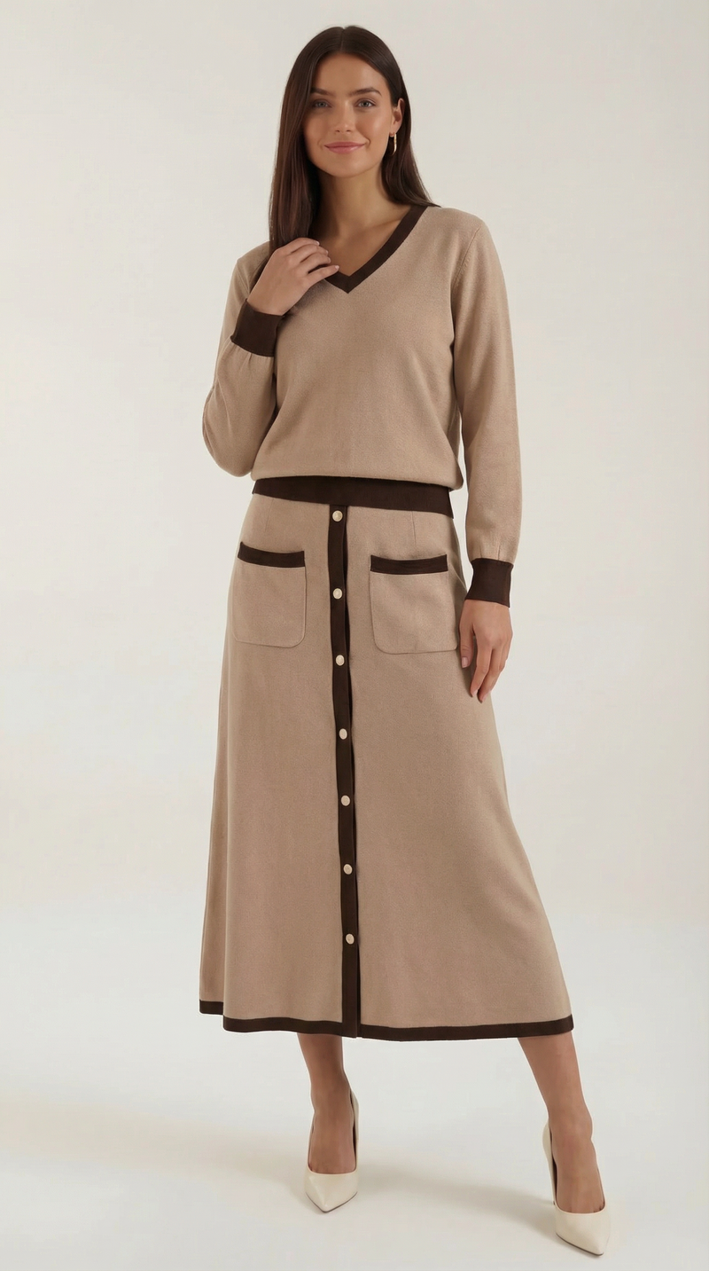 María Gisela™ | Conjunto de suéter V y falda midi 'Cheryl'