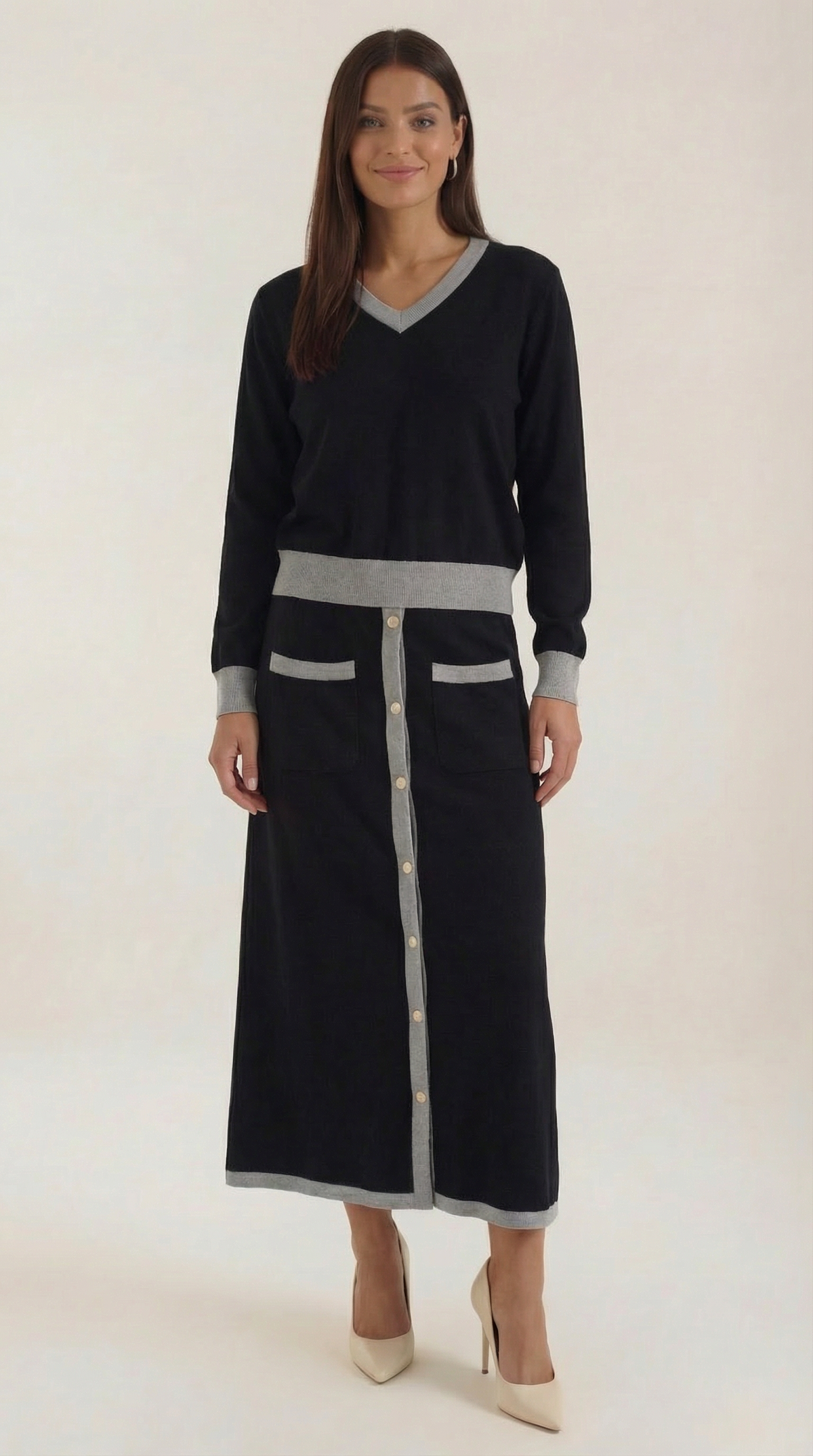 María Gisela™ | Conjunto de suéter V y falda midi 'Cheryl'