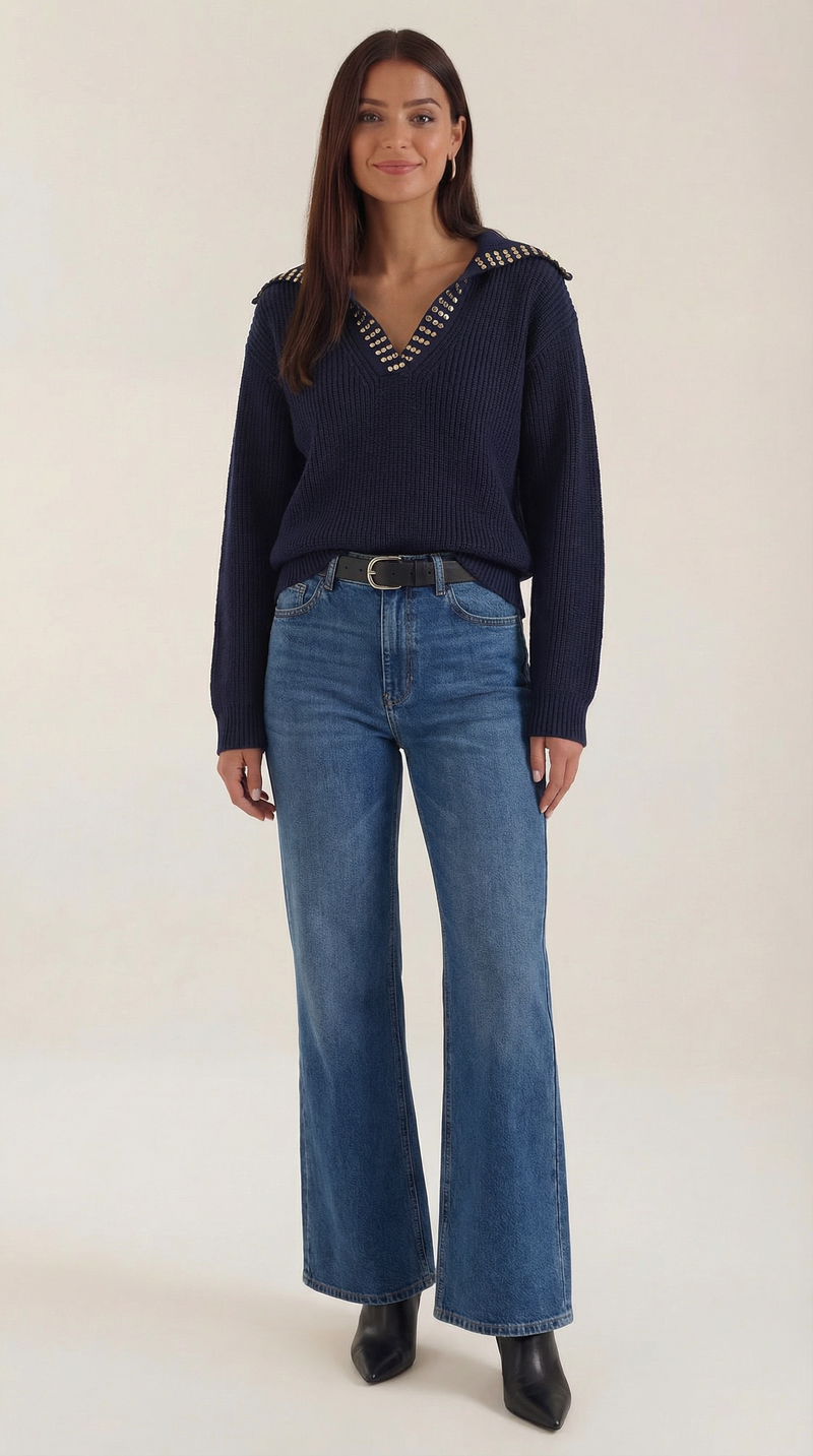 Francesca Julka™ | Suéter de lana con cuello decorado con tachuelas