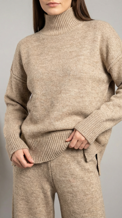 María Julissa™ | Conjunto de suéter de punto de cuello alto y pantalones vaqueros