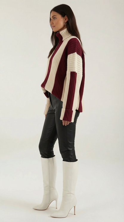 Herminda Lieke™ | Suéter Oversize de Cuello Alto con Rayas