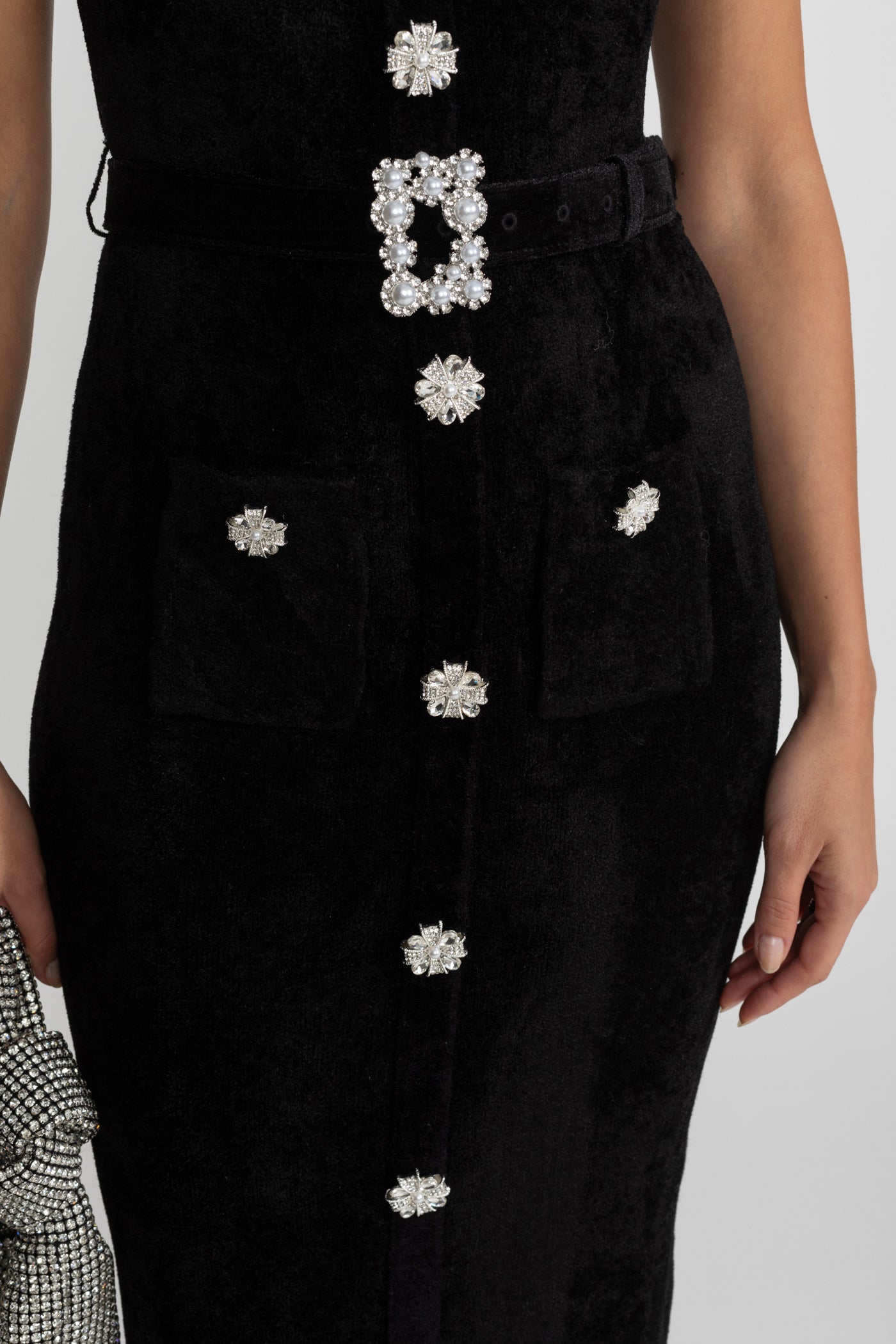 Madeleine™ | Vestido midi botones cristal encaje negro