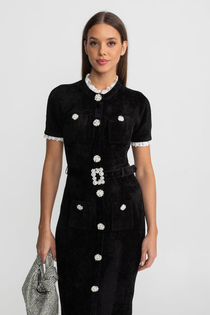 Madeleine™ | Vestido midi botones cristal encaje negro