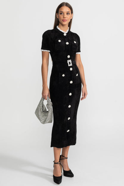 Madeleine™ | Vestido midi botones cristal encaje negro