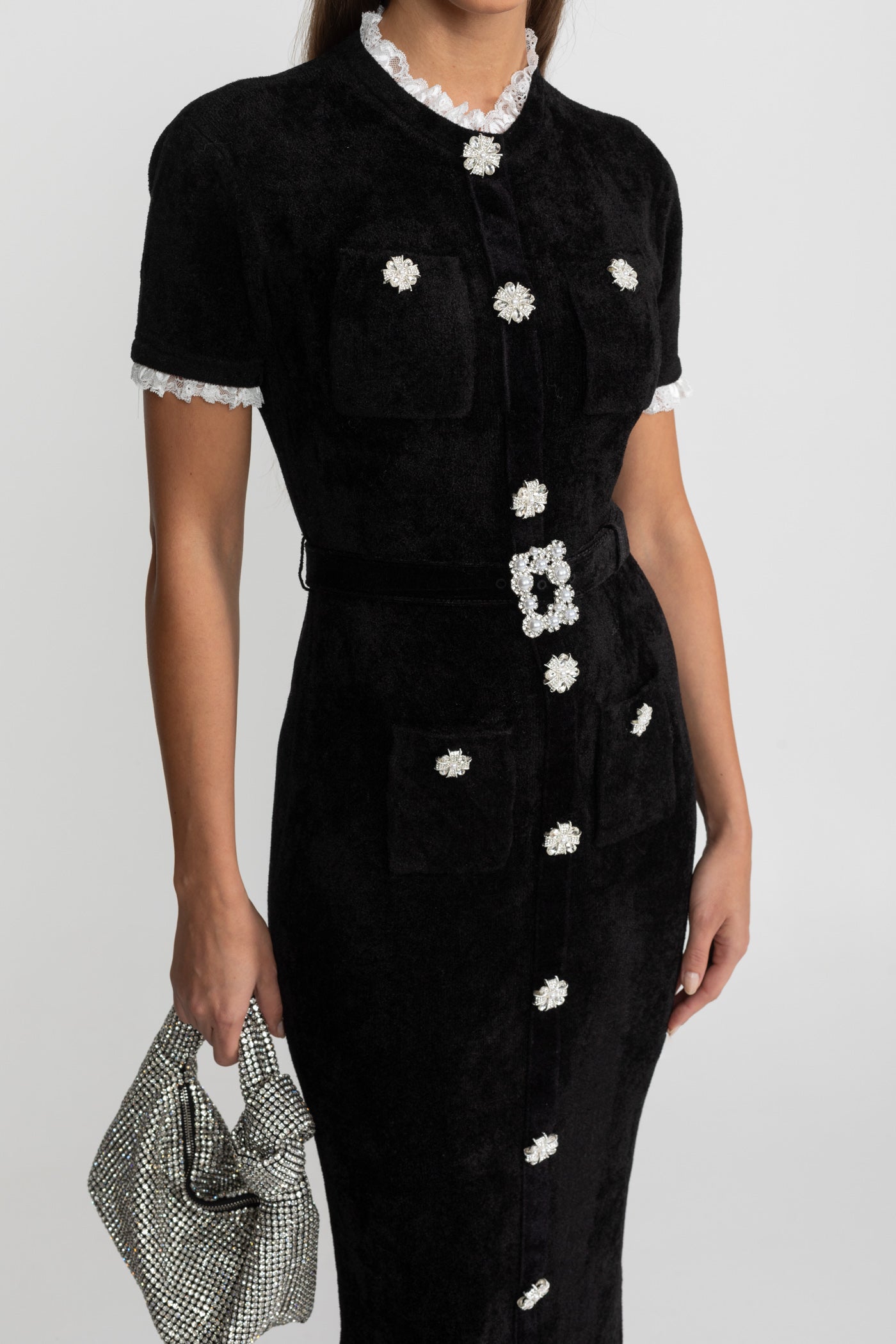 Madeleine™ | Vestido midi botones cristal encaje negro