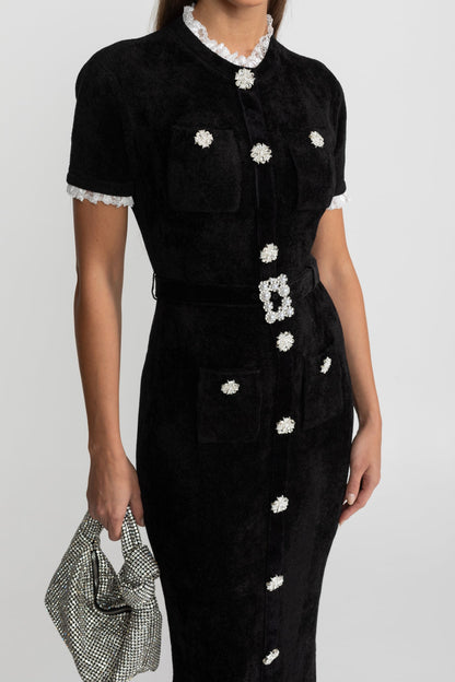 Madeleine™ | Vestido midi botones cristal encaje negro