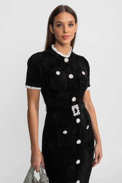 Madeleine™ | Vestido midi botones cristal encaje negro