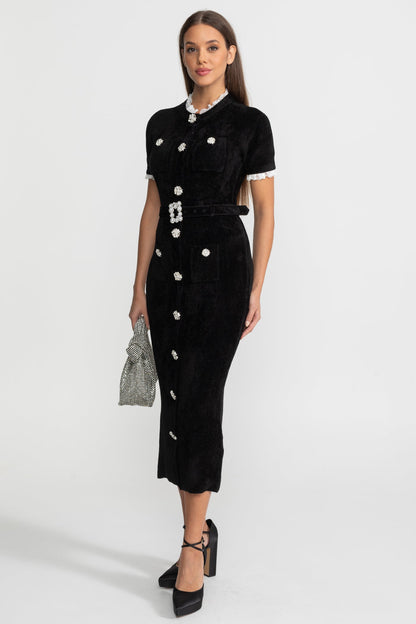 Madeleine™ | Vestido midi botones cristal encaje negro