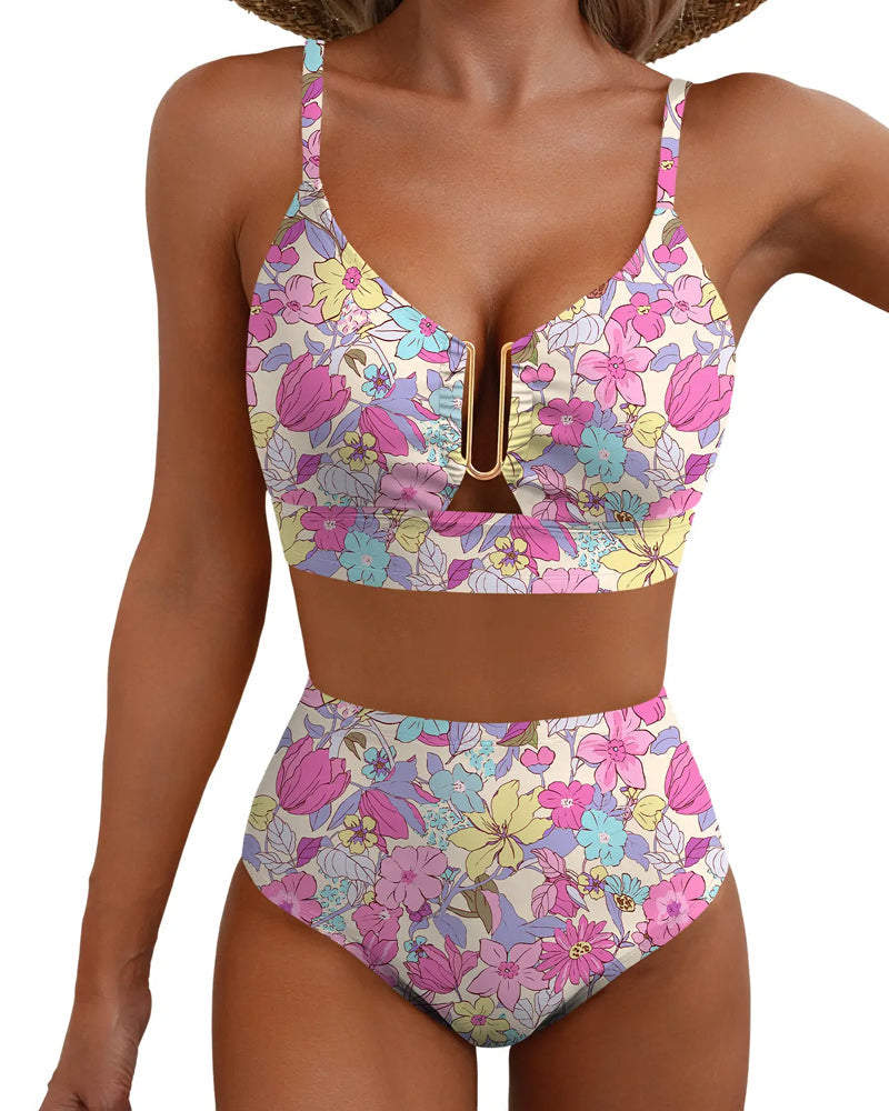 Margot™ | women's v-neck floral cintura alta tummy-control bikini bañador